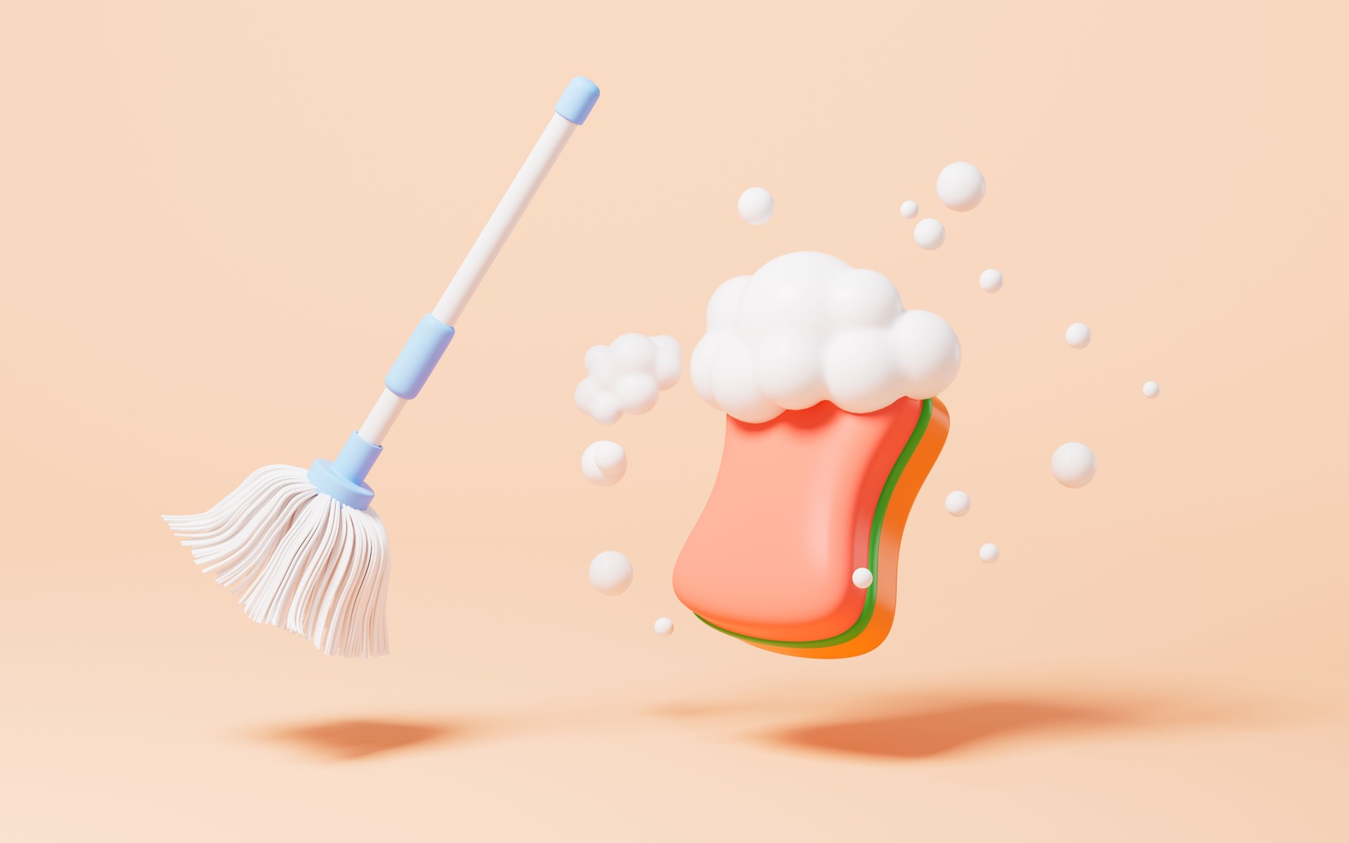 Cartoon mop and sponge, in the yellow background, 3d rendering.